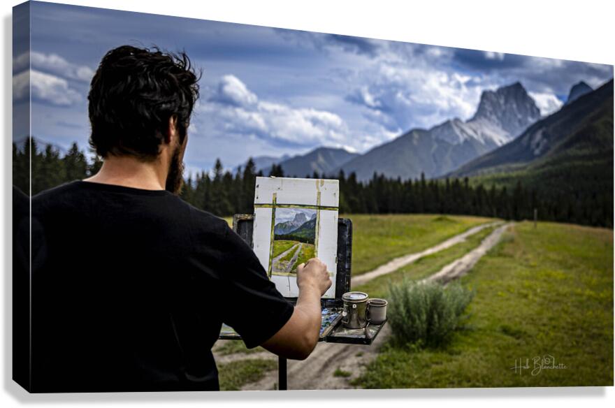 Unknown Artist Painting The Three Sisters In Canmore Alberta Canada Canvas Print